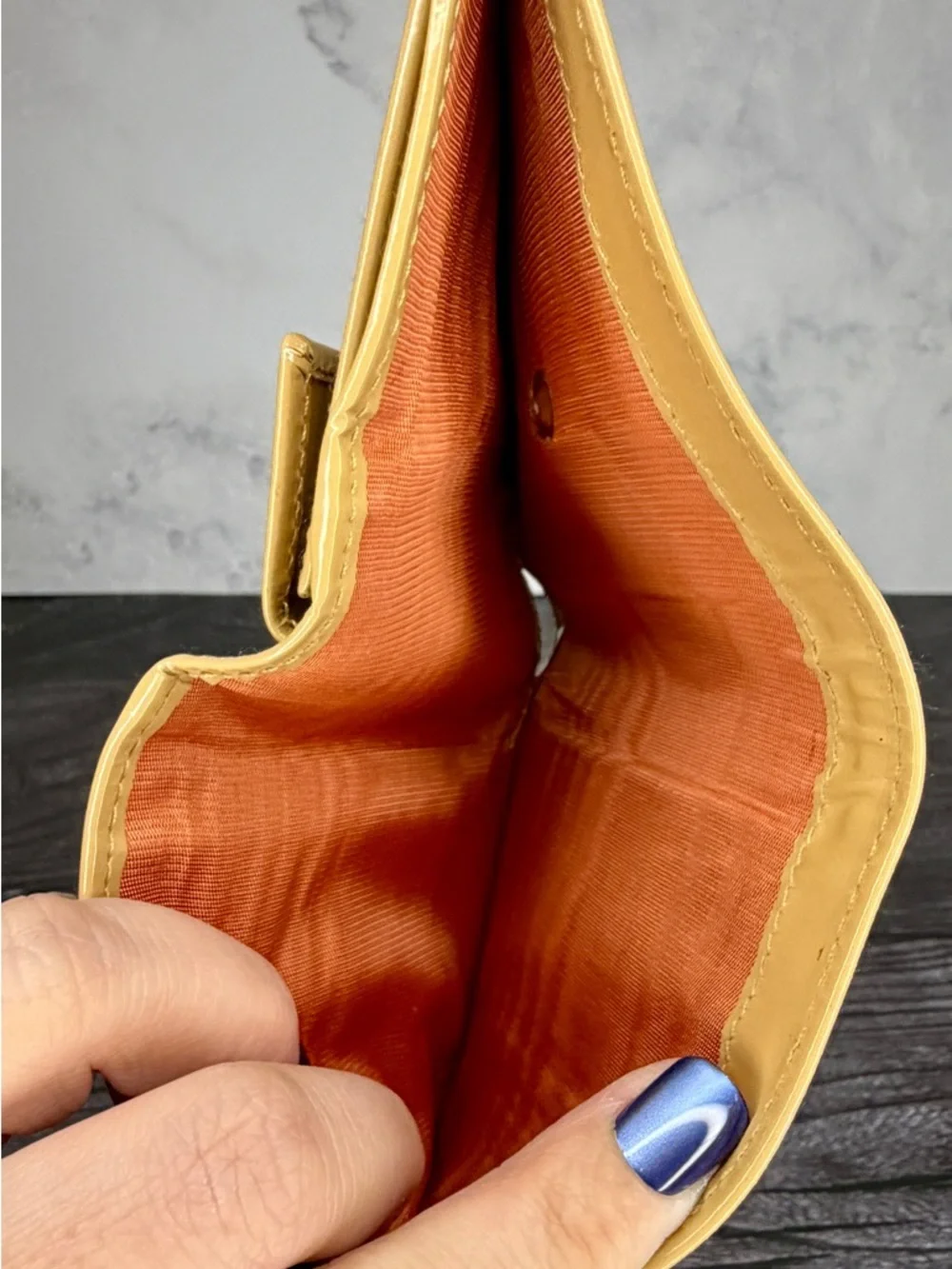 Salvatore Ferragamo Tan Patent Leather Gancini Trifold Wallet